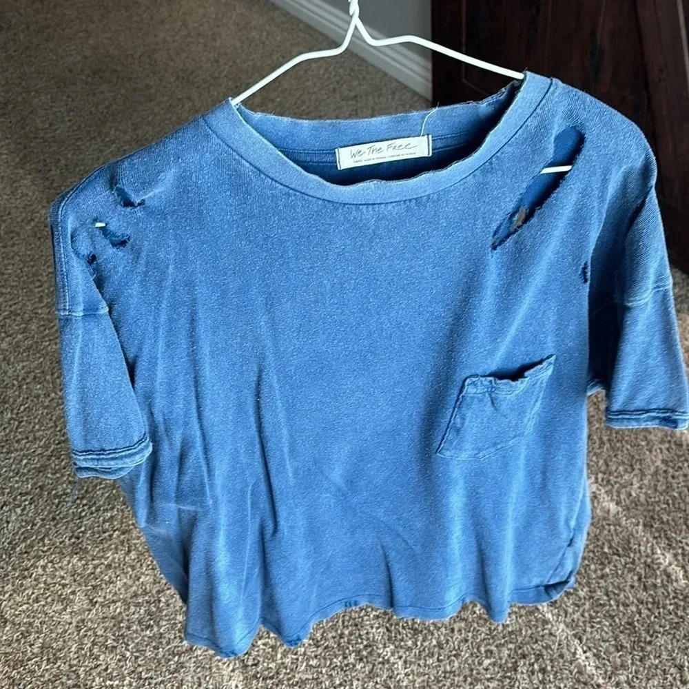 FREE PEOPLE RUBI T-SHIRT OB1142216 100% COTTON DISTRESSED BELLE BLUE SIZE s - Picture 2 of 4